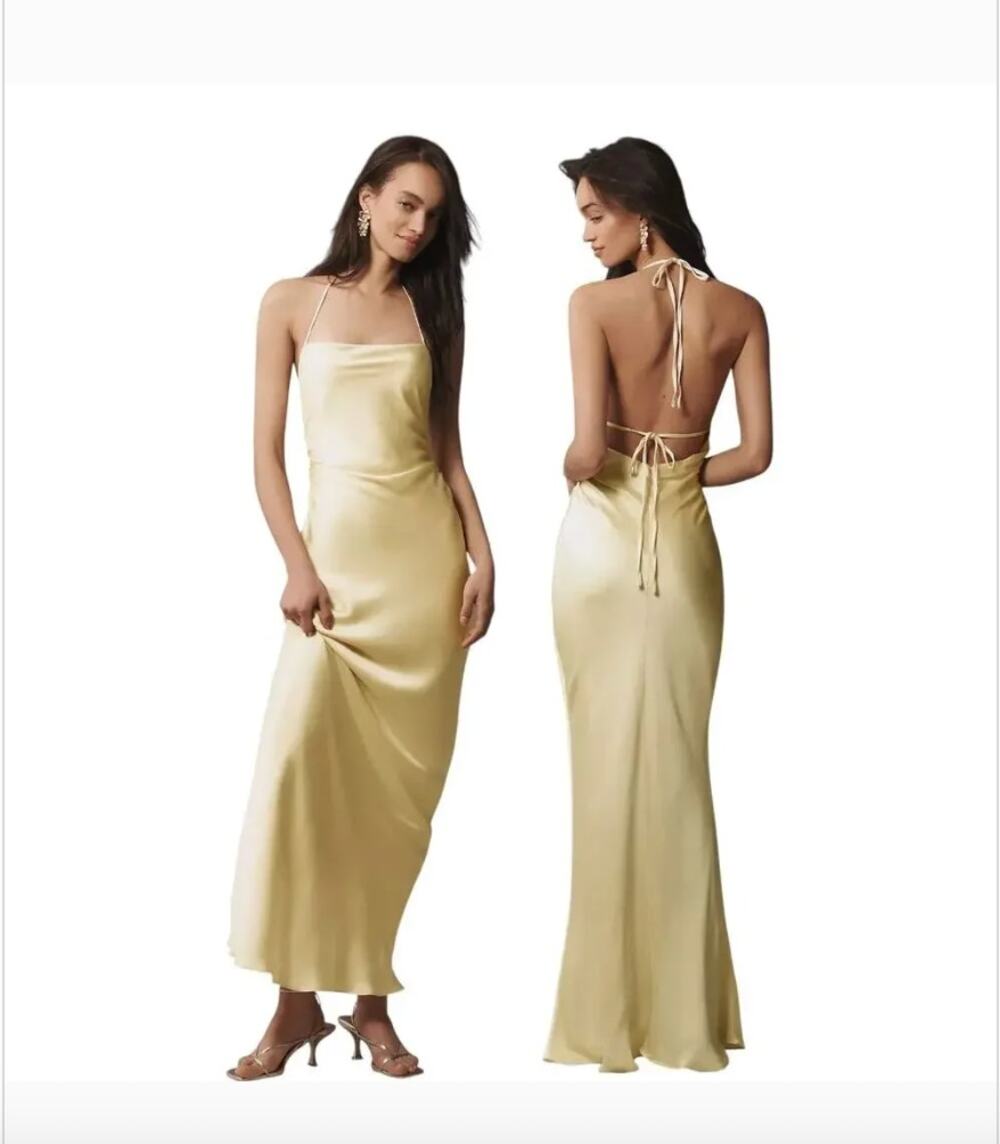 NWT BHLDN Saylor Cowl-Neck Satin Maxi Dress Pale Yellow Tie Back Size L